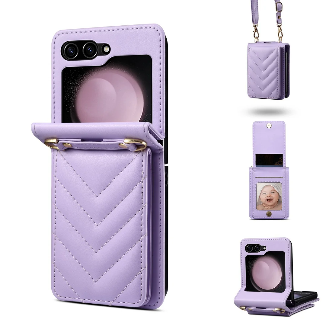 Retro Small Sweet Wind Leather Crossbody Phone Case With 2 Cards Slot,Detachable Wristband Lanyard And Hinge For Galaxy Z Flip3/Z Flip4/Z Flip5