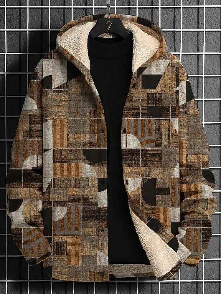 Men's Ethnic Pattern Print Long Sleeve Fleece Lined Hooded Jacket