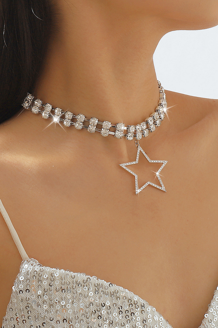 Star Pendant Rhinestone Fashionable Choker-Silver