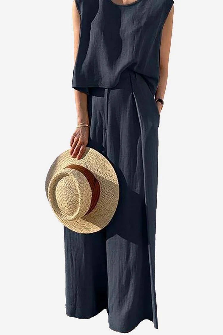 Sleeveless Round Neck Top Wide Leg Pleated Pants Linen Two-Piece Set