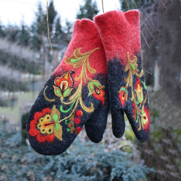 Thicken Color Matching Embroidered Winter Warm Gloves