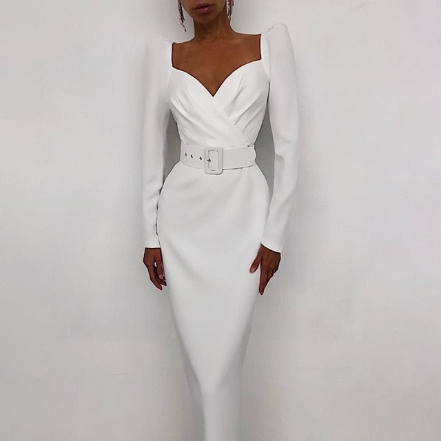 InstaHot Elegant Party Women Dress Slim V Neck Long Sleeve Mid Calf Pencil Dress Casual Office Lady Solid Red Puff Sleeve - BlackFridayBuys
