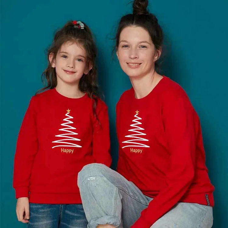 Happy Christmas Tree Print Long Sleeve Hoodie Family Sweatshirt(Red)