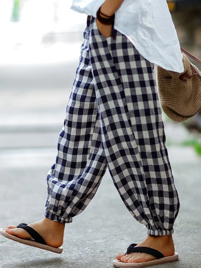 Women's Checked Cotton Linen Casual Pants socialshop
