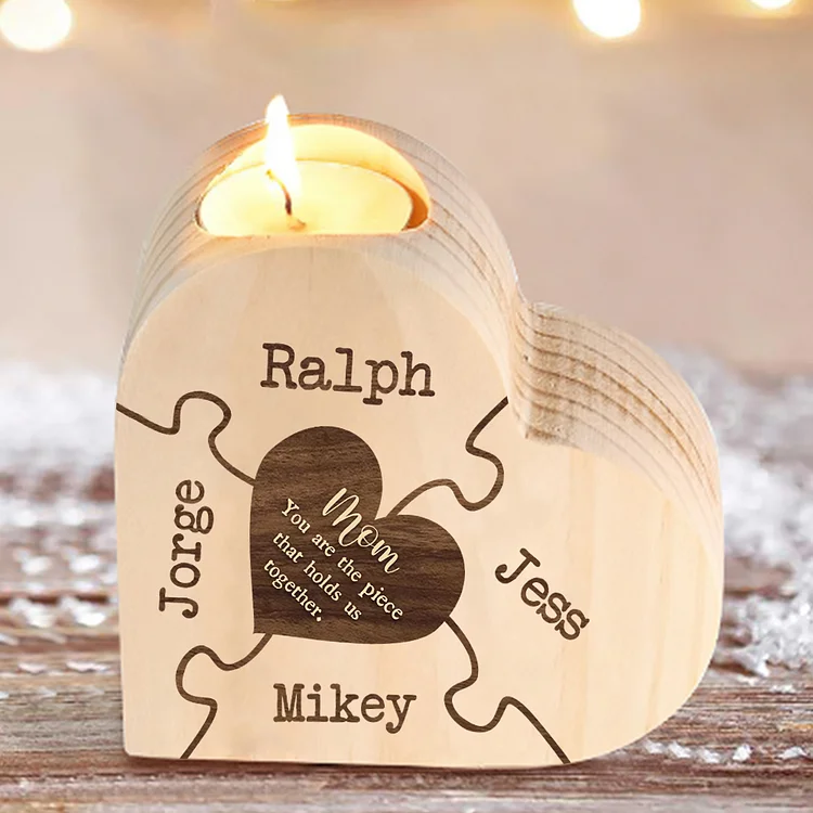 To My Mom Personalized 4 Names Puzzle Candle Candle Holder Wooden Candlestick "You are the piece that holds us together"