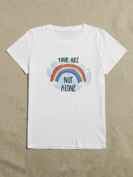 Rainbow You Are Not Alone Graphic Tee Summer Fashion 100% Cotton Casual Funny Kawaii Cute O Neck Women Tee T-Shirt - Shop Trendy Women's Clothing | LoverChic