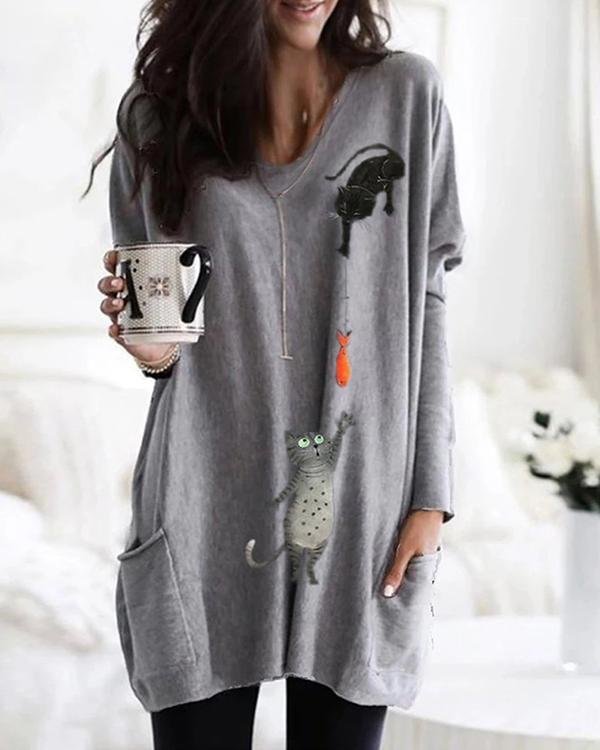 Cartoon Cat Print Pockets Long Sleeve Loose Blouse For Women