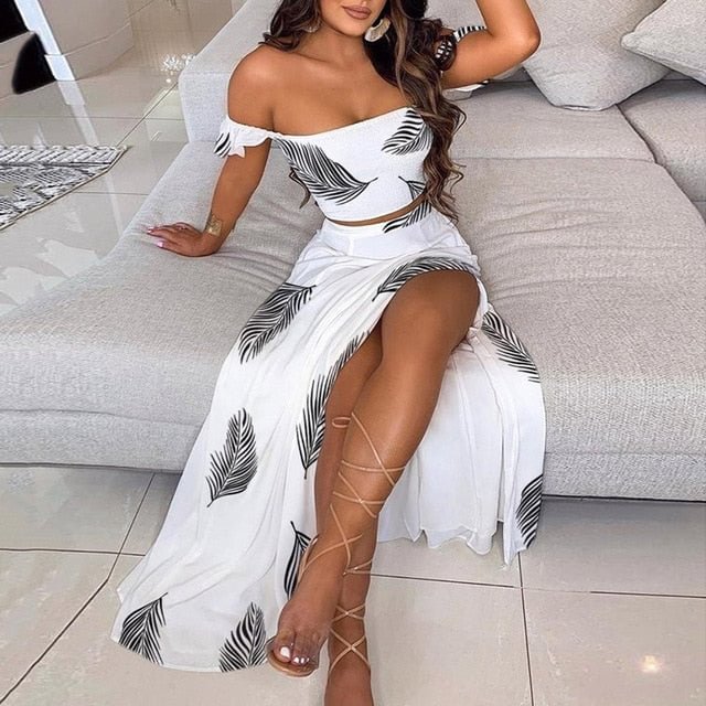Casual Summer Dress Fashion Push Up Sexy Off-The-Shoulder Top Long Dress Suit Elegant Floral Print Women's Two-Piece Suit - BlackFridayBuys