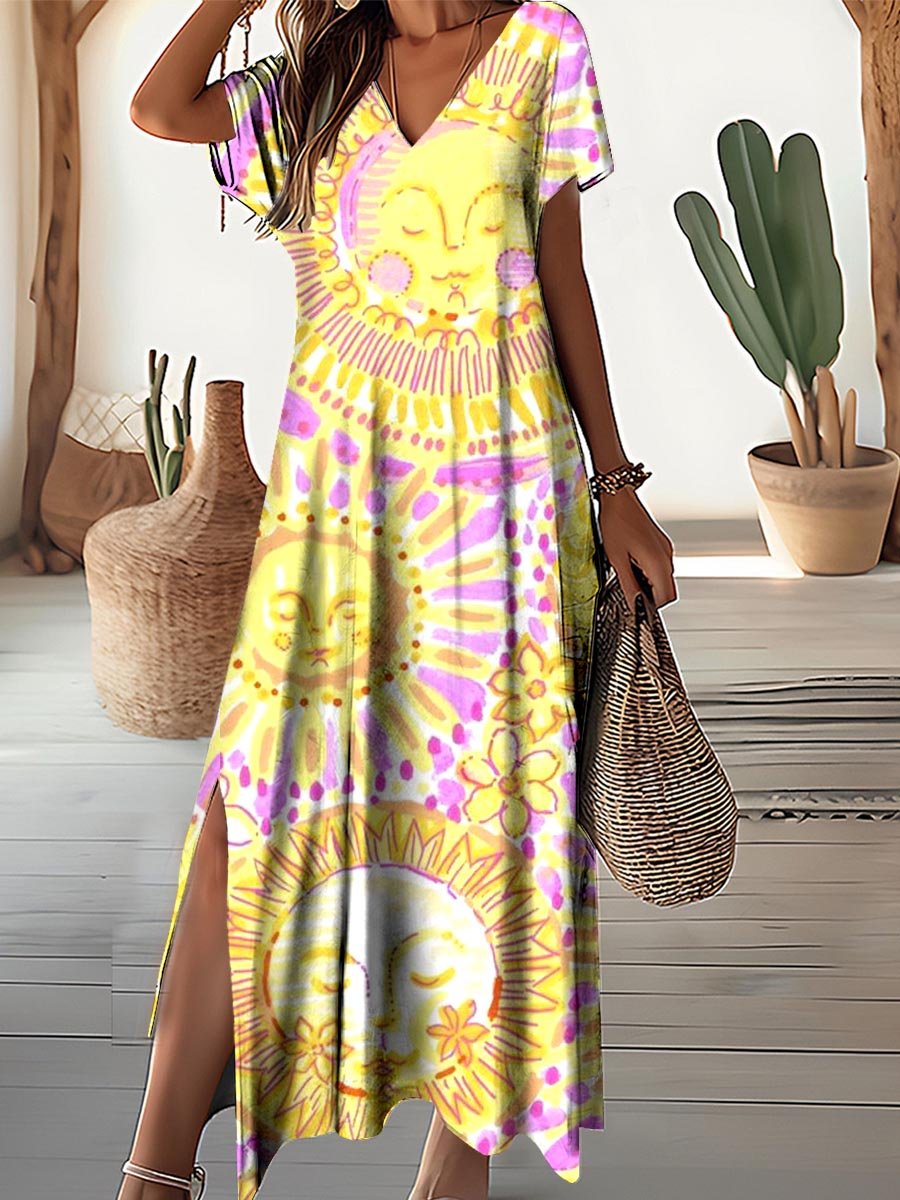 Women's Art Sun God Pattern Seaside Resort V-Neck Dress