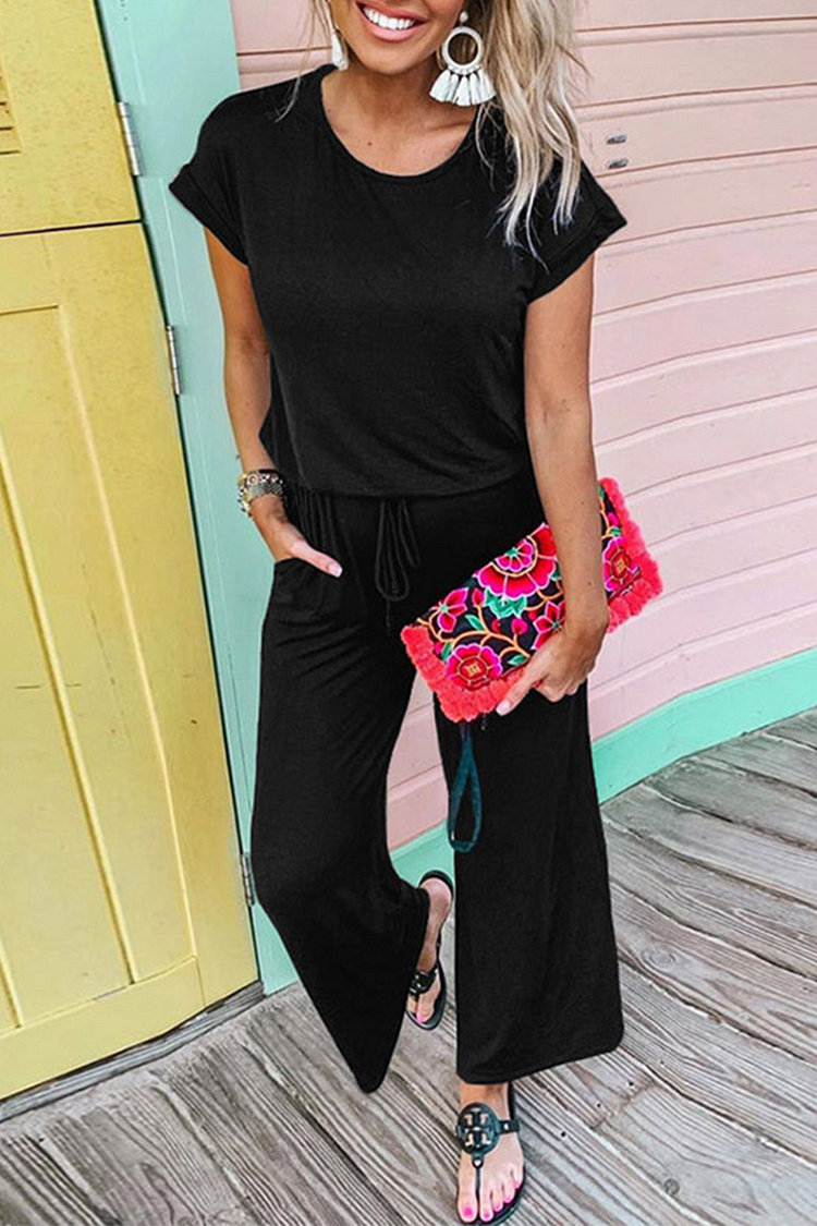 Casual Solid Split Joint O Neck Straight Jumpsuits