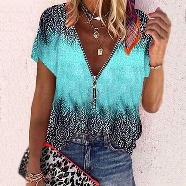 VChics Boho Tribal Printed Color Block Zipper V Neck Blouse