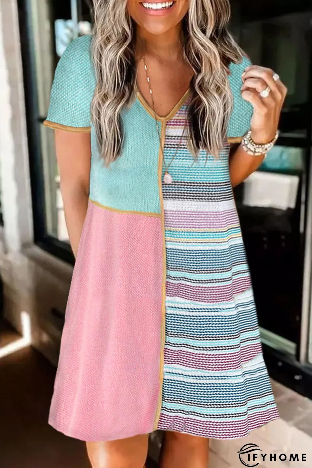 Multicolor Color Block Stripe Knit Patchwork A-line Dress | IFYHOME