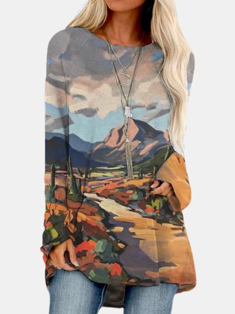 Landscape Print Art Painting Long Sleeve Women T Shirt P1756705