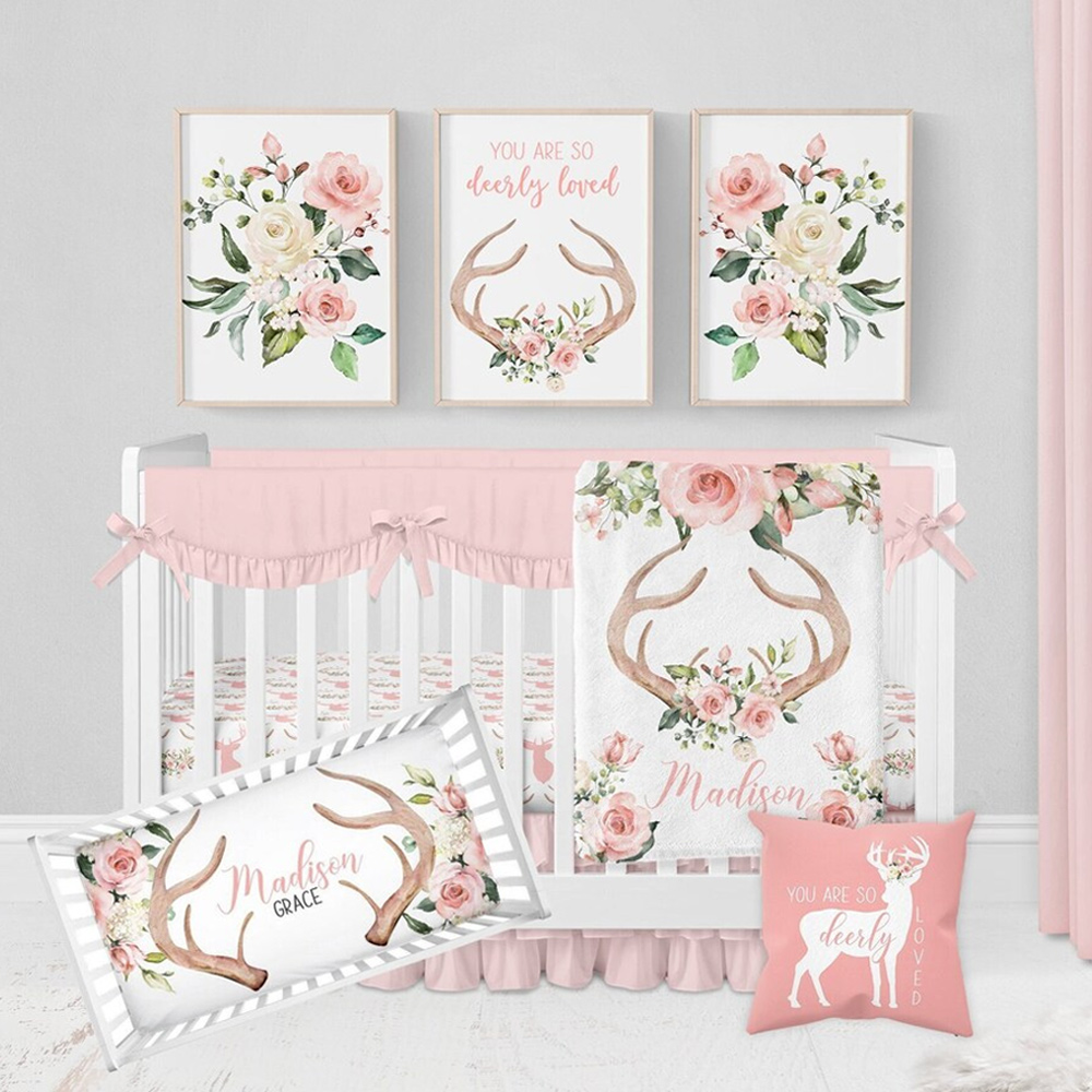 Deer Crib Bedding Set Pink Floral Crib Bedding With Deer Antlers Woodland Nursery Bedding Duckbe