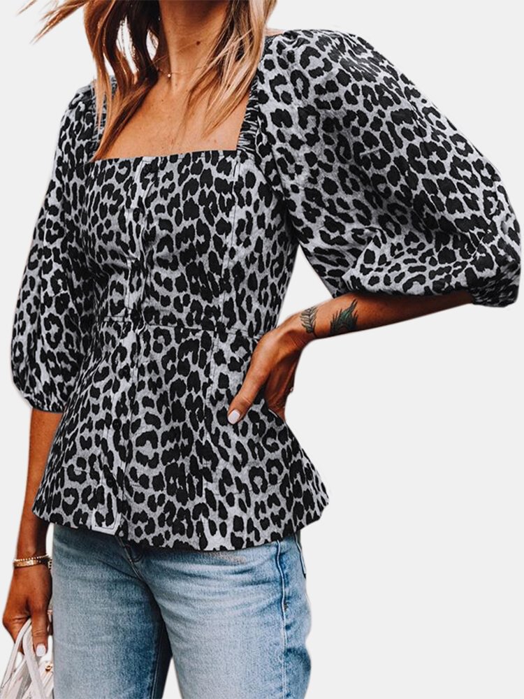 Leopard Print Square Collar Half Puff Sleeve Overhead Shirt For Women P1703781