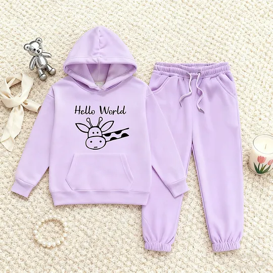 【2Y-13Y】Festive Fleece-Lined Hoodie And Jogger Set Hello World Giraffe Design For Kids
