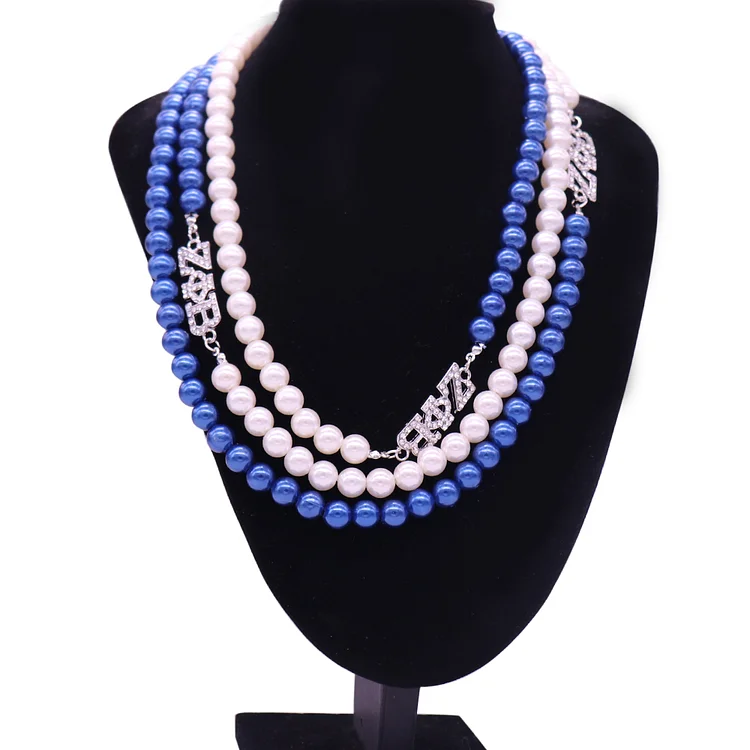 College Union Party Gift White Blue Pearl Three Layers Greek Letter ZPB Sign Crystal Zeta Phi Beta Necklaces Gift For Women