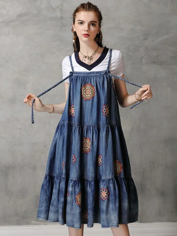 Vintage Denim Embroidery Braces Dress