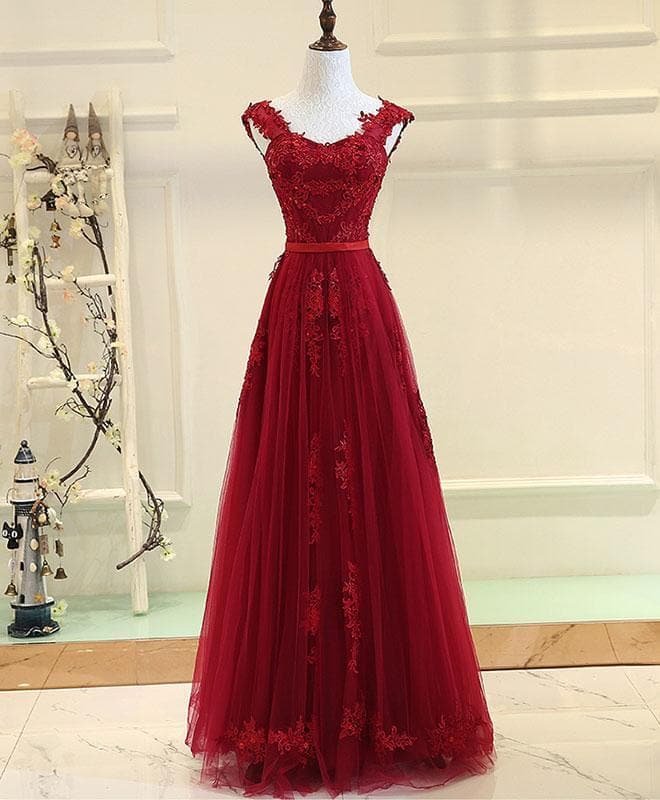 Burgundy Sweetheart Neck Long Prom Dress, Burgundy Evening Dress