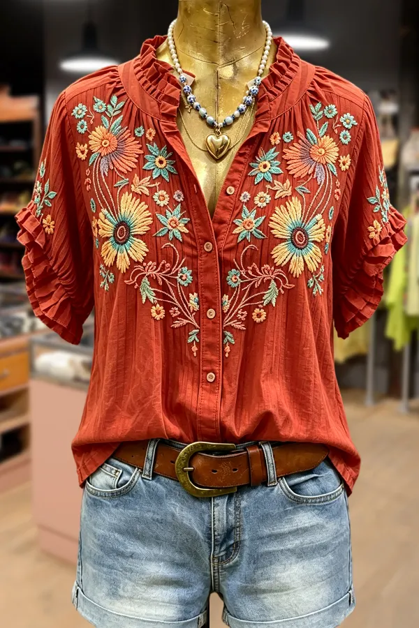 【新品未使用】Lure you in / Bouquet frill tops Chic Flower Embroidered V-Neck Ruffle Sleeve Top