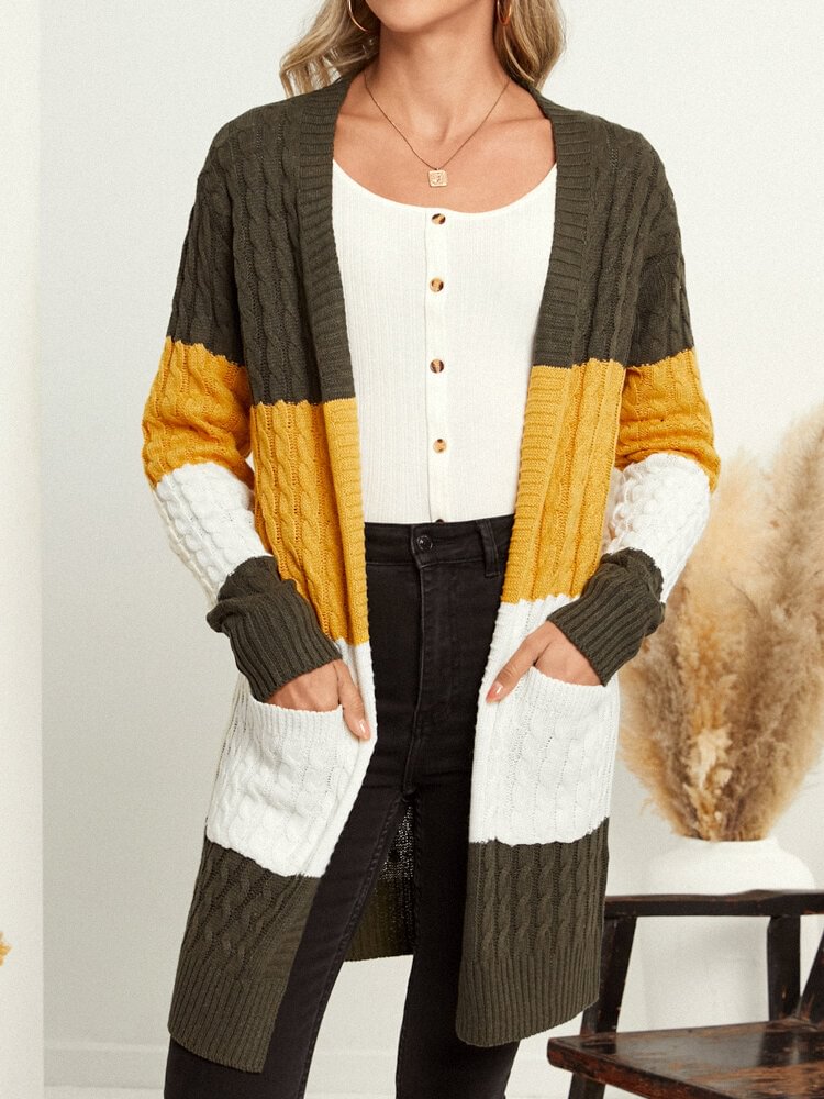 Contrast Color Open Front Long Sleeve Pocket Cardigan