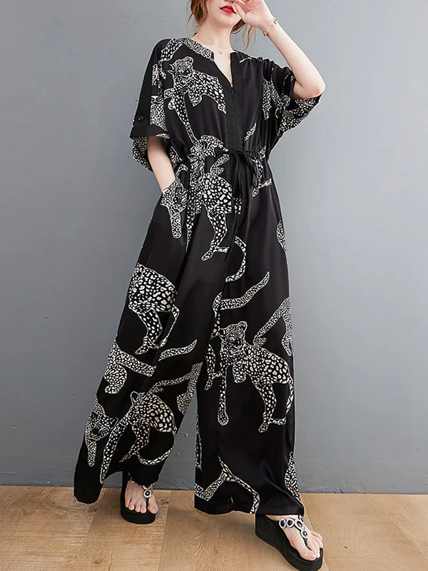Vintage Original Floral Leopard Stamped Split-Joint Tied V-Neck Half Sleeves Wide Leg Jumpsuits