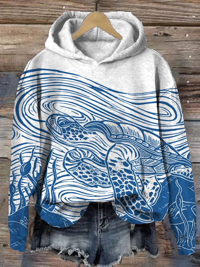 Sea Turtle & Waves Ancient Japanese Art Cozy Hoodie