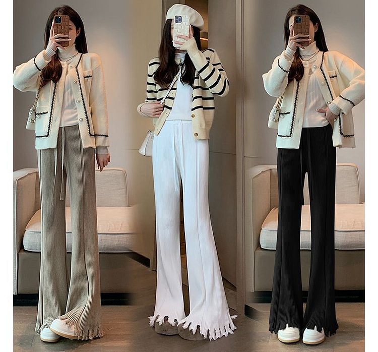 Drawstring Waist Plain Frayed Flared Knit Pants ZE17