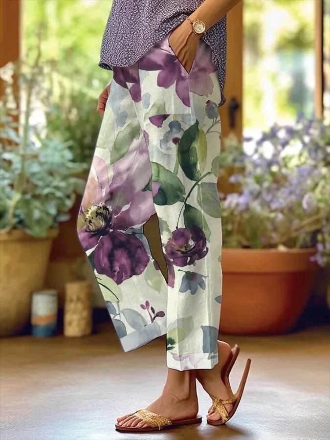 Women's Botanical Floral Design Loose Pocket Patchwork Casual Pants socialshop