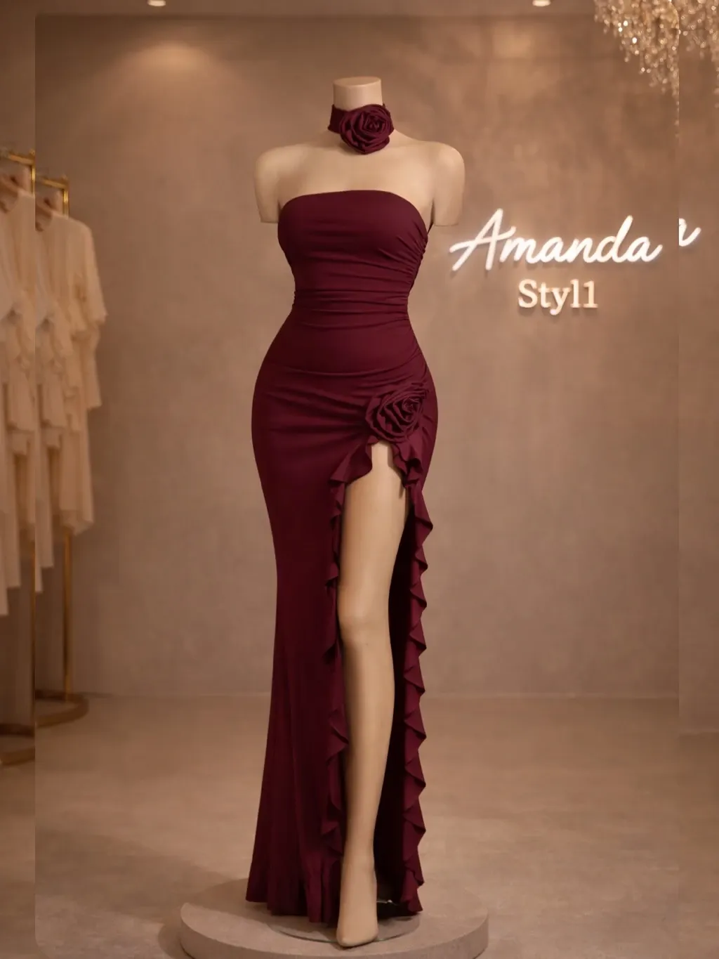 Lussooy Stunning Burgundy Strapless Pleated Sleeveless Split Floor Length Prom Dress