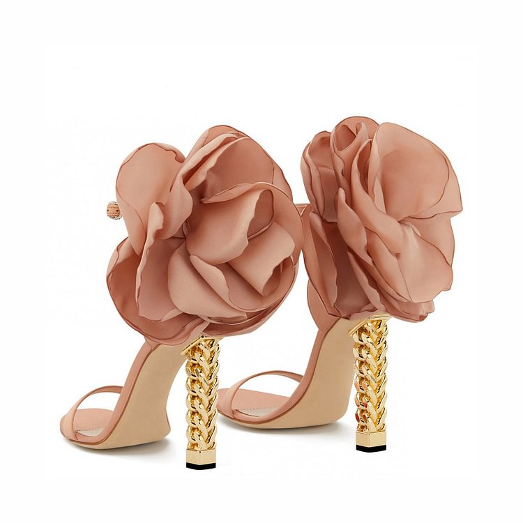 Blush Satin Floral Heels Gold Metal Chain Heel Style Prom Sandals |FSJ Shoes