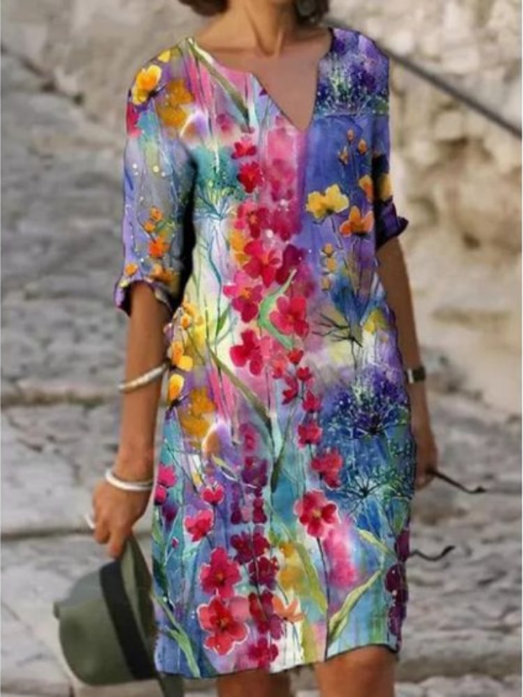 Watercolor Floral Notch Neck Midi Dress