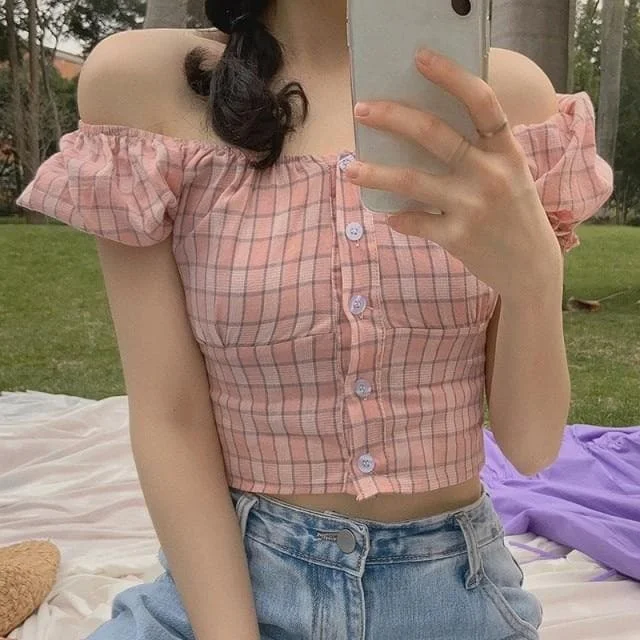 Fashion Short Sleeve Buttons Plaid Print Blouse SP16523