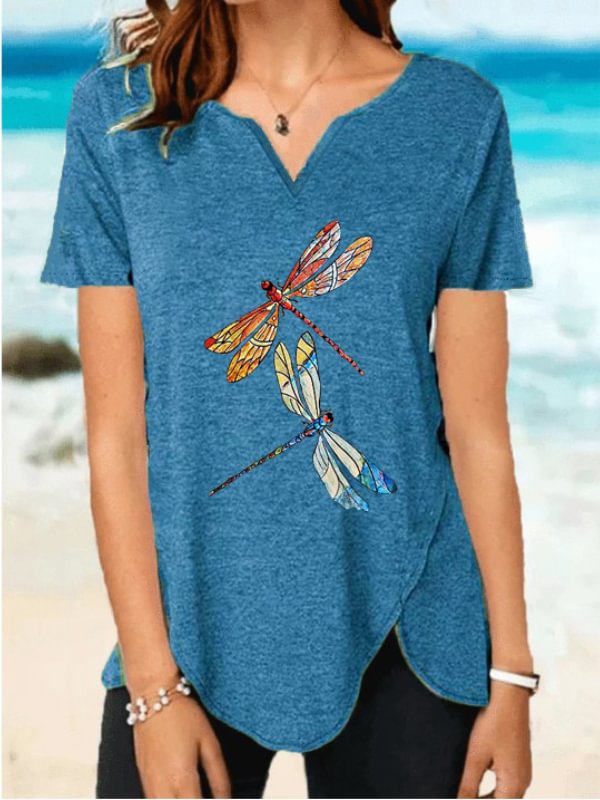 Dragonfly Printed V-Neck Irregular Hem Tee
