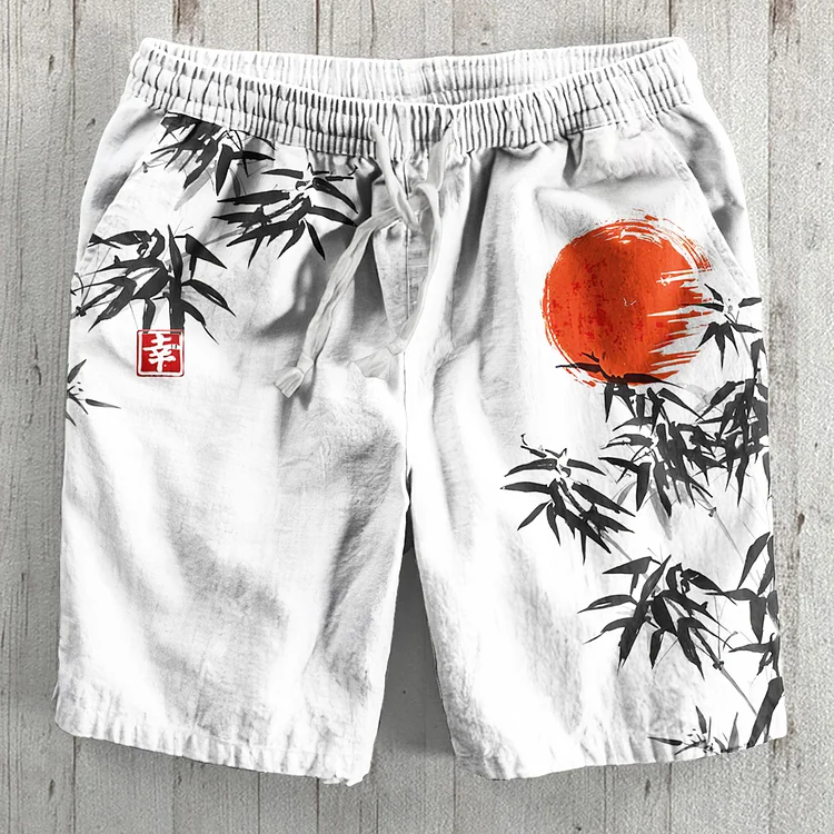 Comstylish Japanese Bamboo Forest And Red Sun Art Linen Blend Shorts