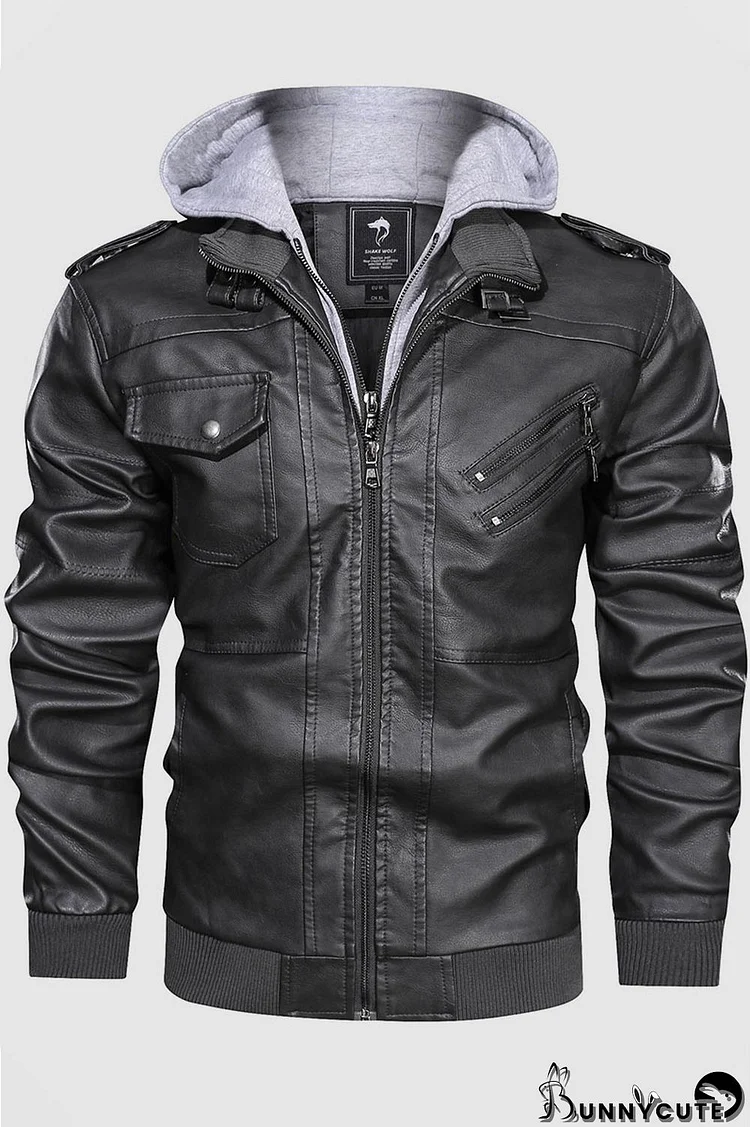 Grey Casual Street Solid Split Joint Pocket Zipper Hooded Collar Outerwear