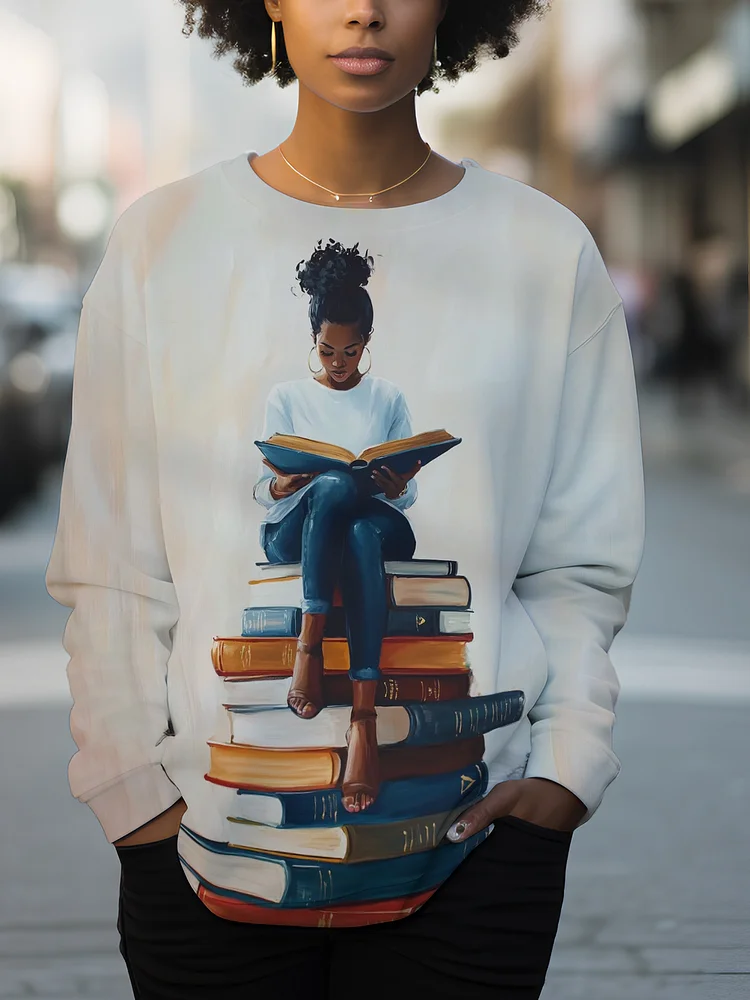 Women's Reading Lover Girl Reading Print Casual Sweatshirt
