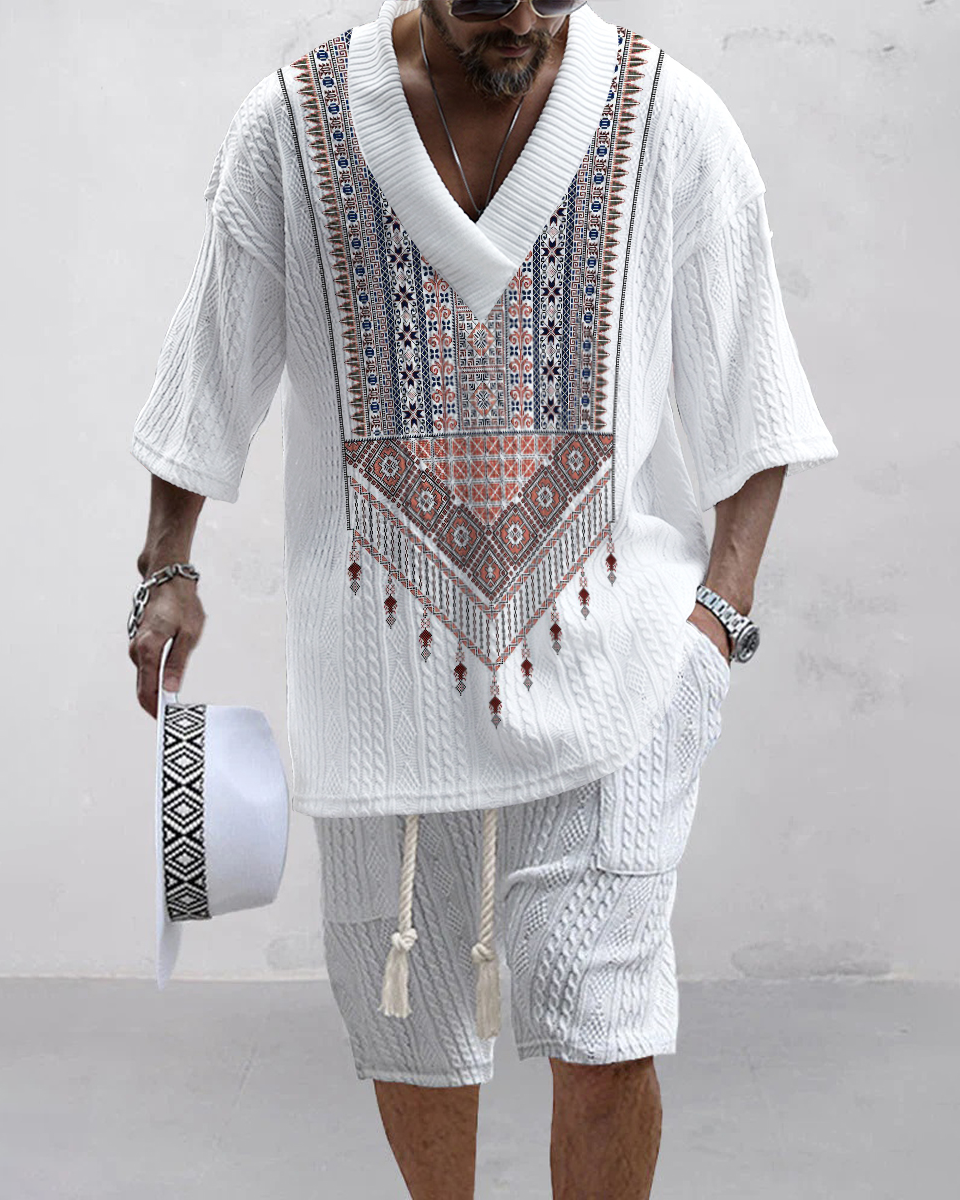 Men's V-neck luxury textured print shorts Set 014