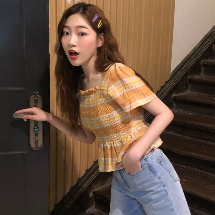 Short-Sleeve Plaid Peplum Blouse YP4496