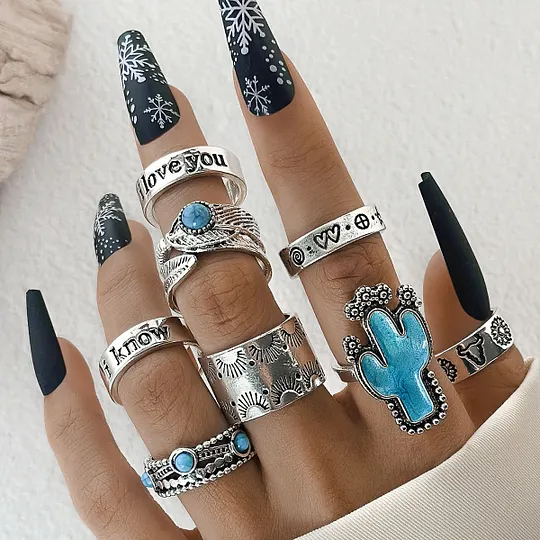 Bohemian Vintage Turquoise Cross Lightning Ring Set