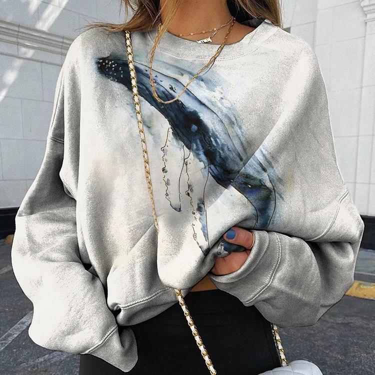 Vefave Crew Neck Leaping Whale Print Sweatshirt