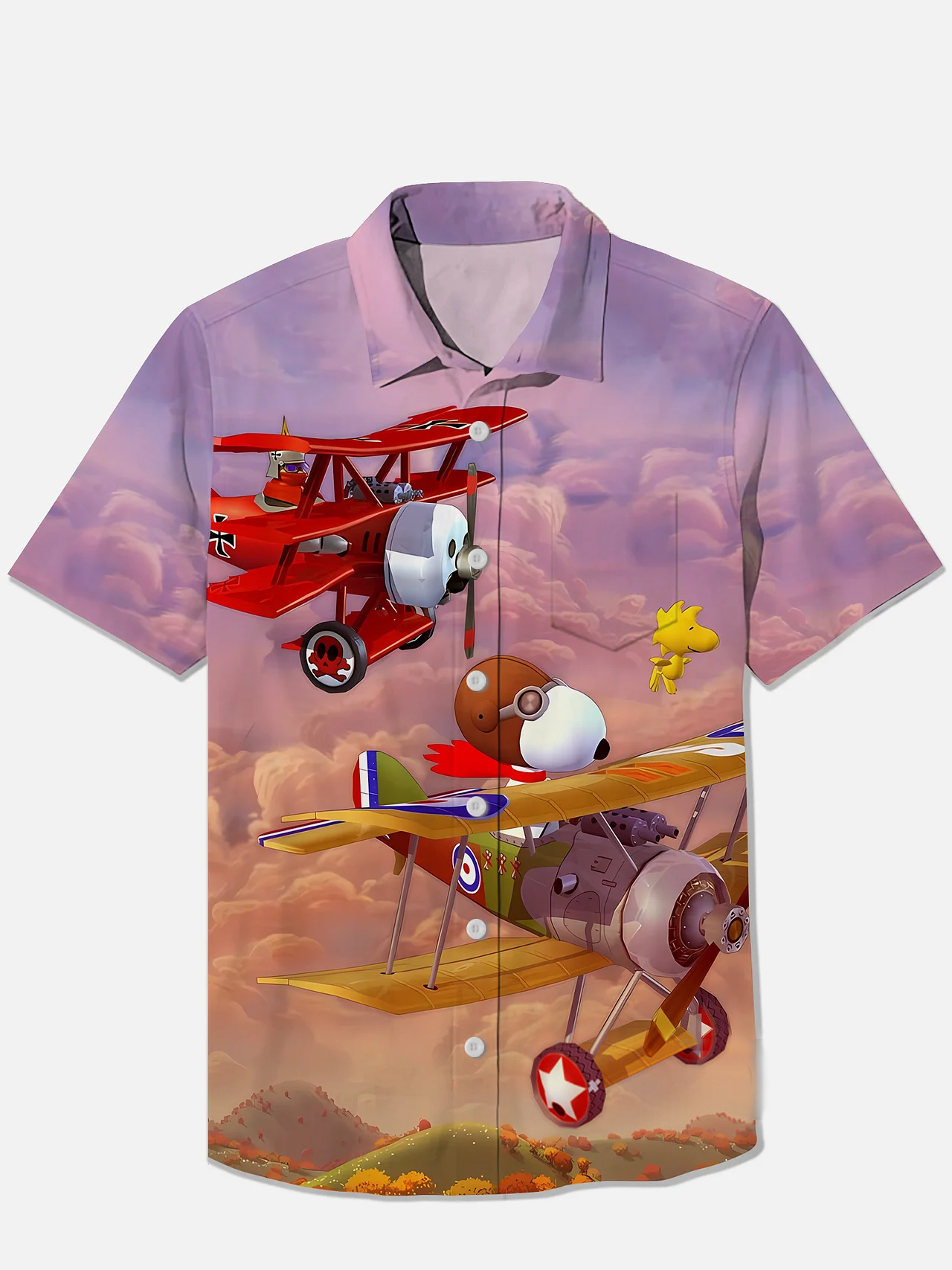 Fighter Series Retro Cartoon Dog Pilot Printing Breast Pocket Short Sleeve Shirt PLUSCLOTHESMAN