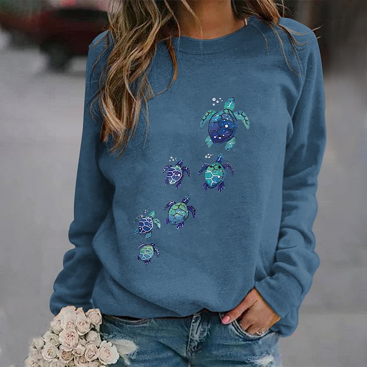 Comstylish Turtle Print Round Neck Casual Sweatshirt