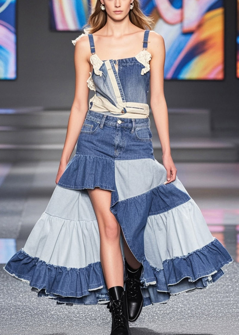 Casual Loose Denim Patchwork Striped A Line Skirt
