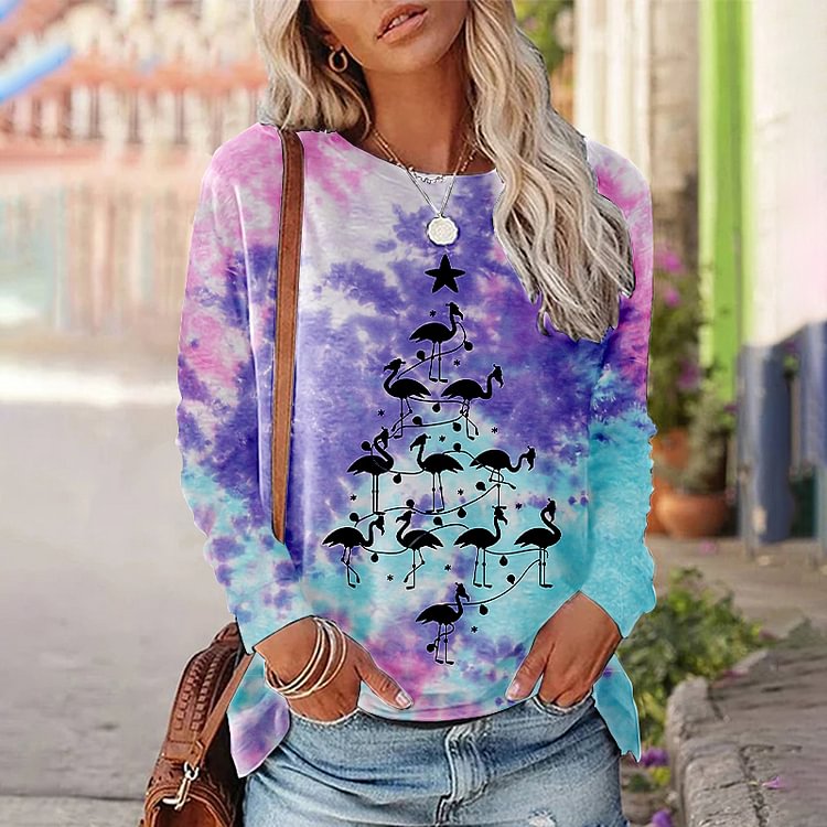 Comstylish Flamingo Tie Dye Print Round Neck Long Sleeve T-Shirt