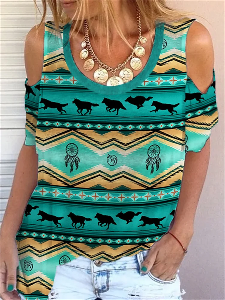 Vefave Wolves Inspired Aztec Hollow Shoulder T Shirt