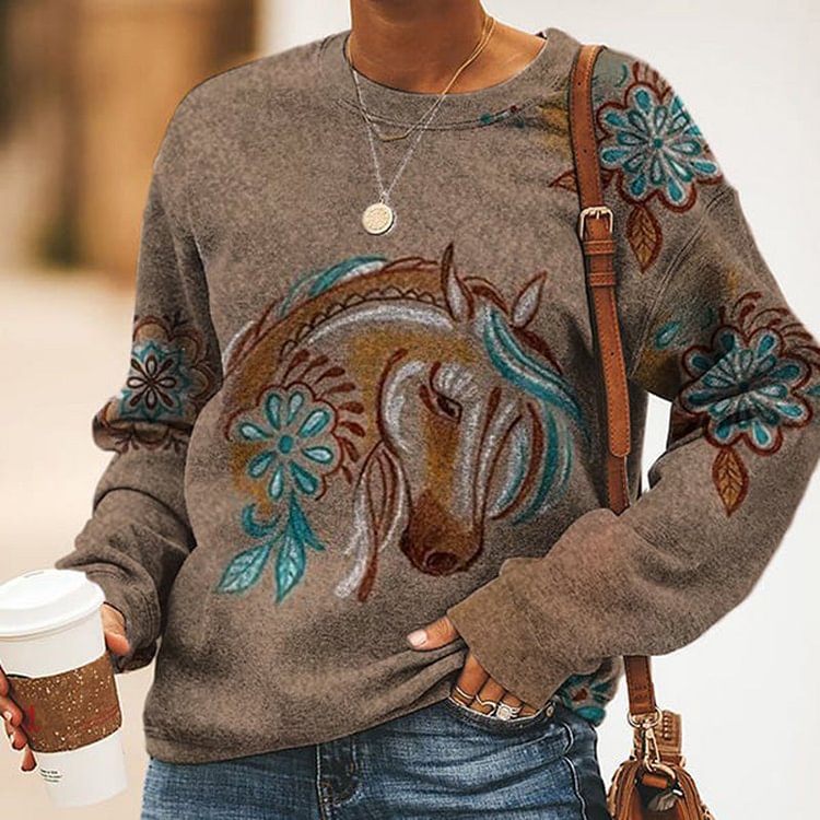 VChics Women's Vintage Western Horse Drawing Printed Sweatshirt