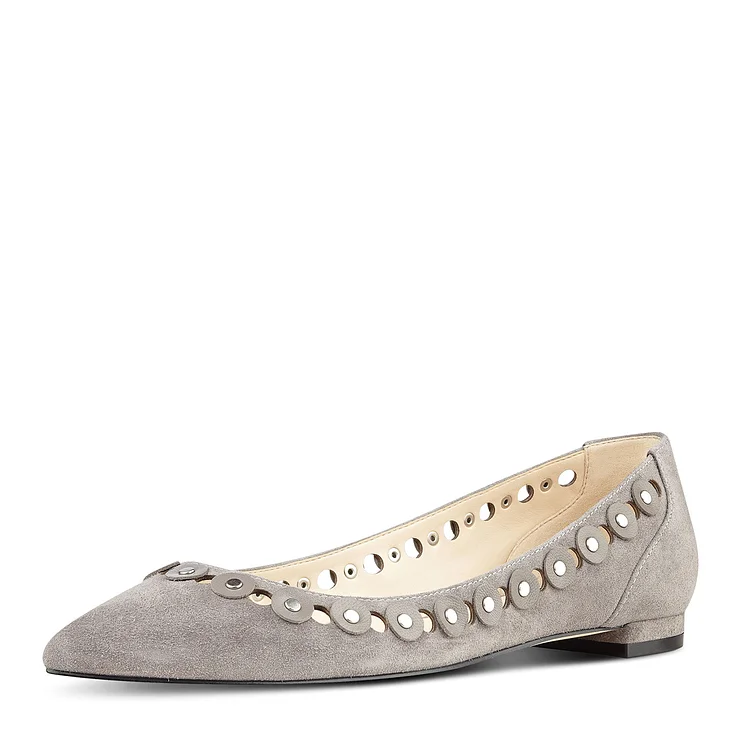 Grey Vegan Suede Hollow out Pointy Toe Flats Studs Shoes |FSJ Shoes