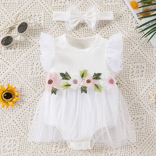 【0M-18M】Girls' Cap Sleeve Romper Dress – Stylish Cute Floral One-Piece