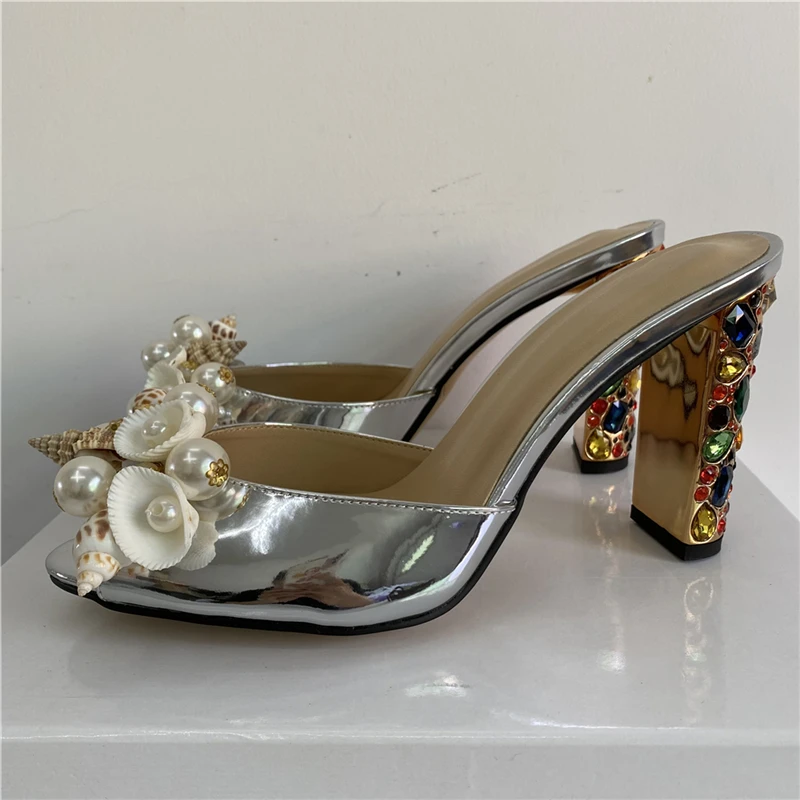 TAAFO Rhinestone Butterfly-knot Sandals Women Jeweled Diamond High Heel Peep Toe Patent Leather Slingbacks Mules 